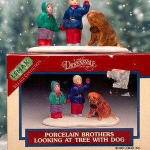 Vintage 1995 Lemax Dickensvale Brothers Looking at Tree with Dog Village Figurin